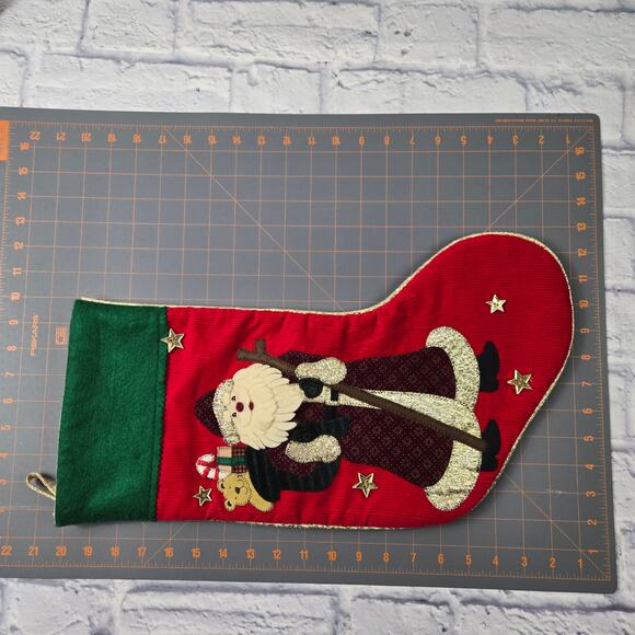 Vintage Old World Santa Red Corduroy Christmas Stocking Applique Star Buttons - Picture 2 of 13